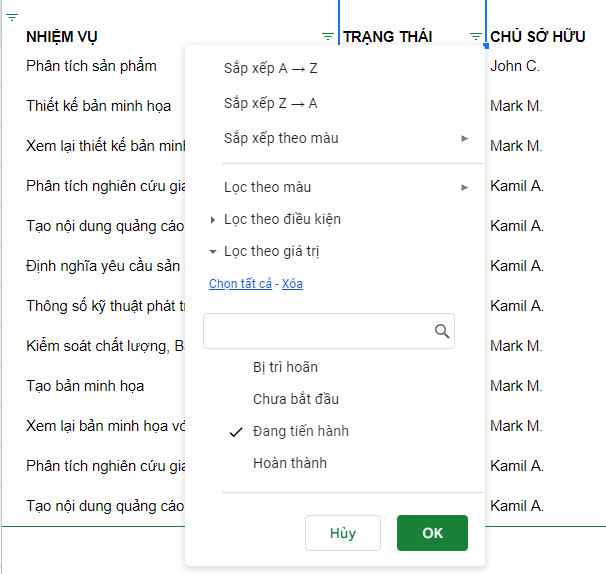 Lọc dữ liệu trên Google Sheet