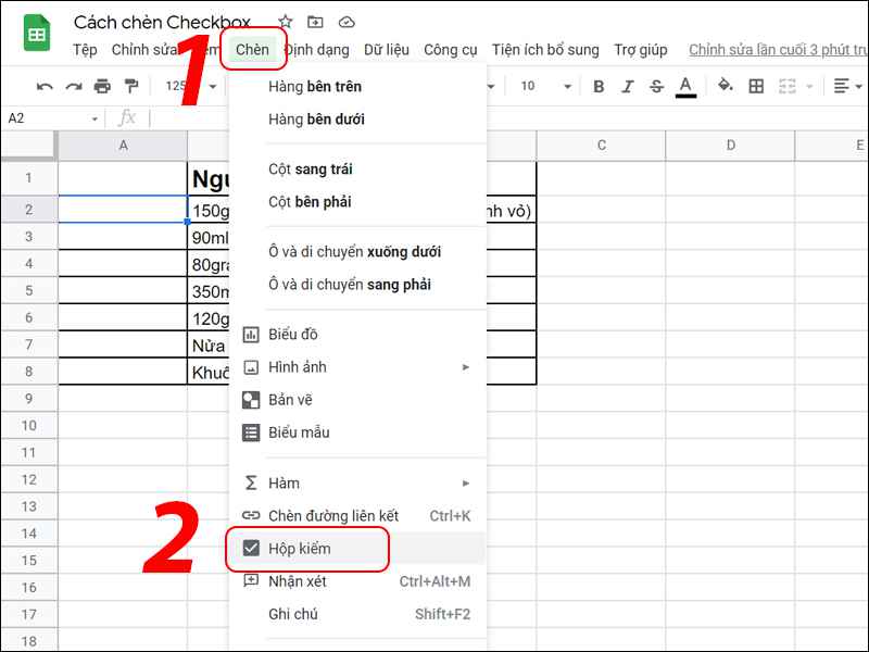 Chèn checkbox trên google sheet