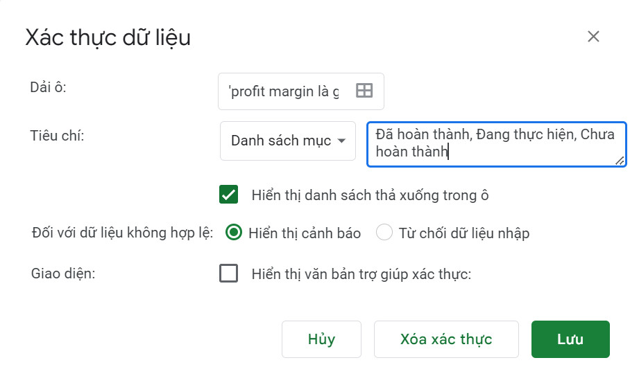 Tạo danh sách trong Google Sheet